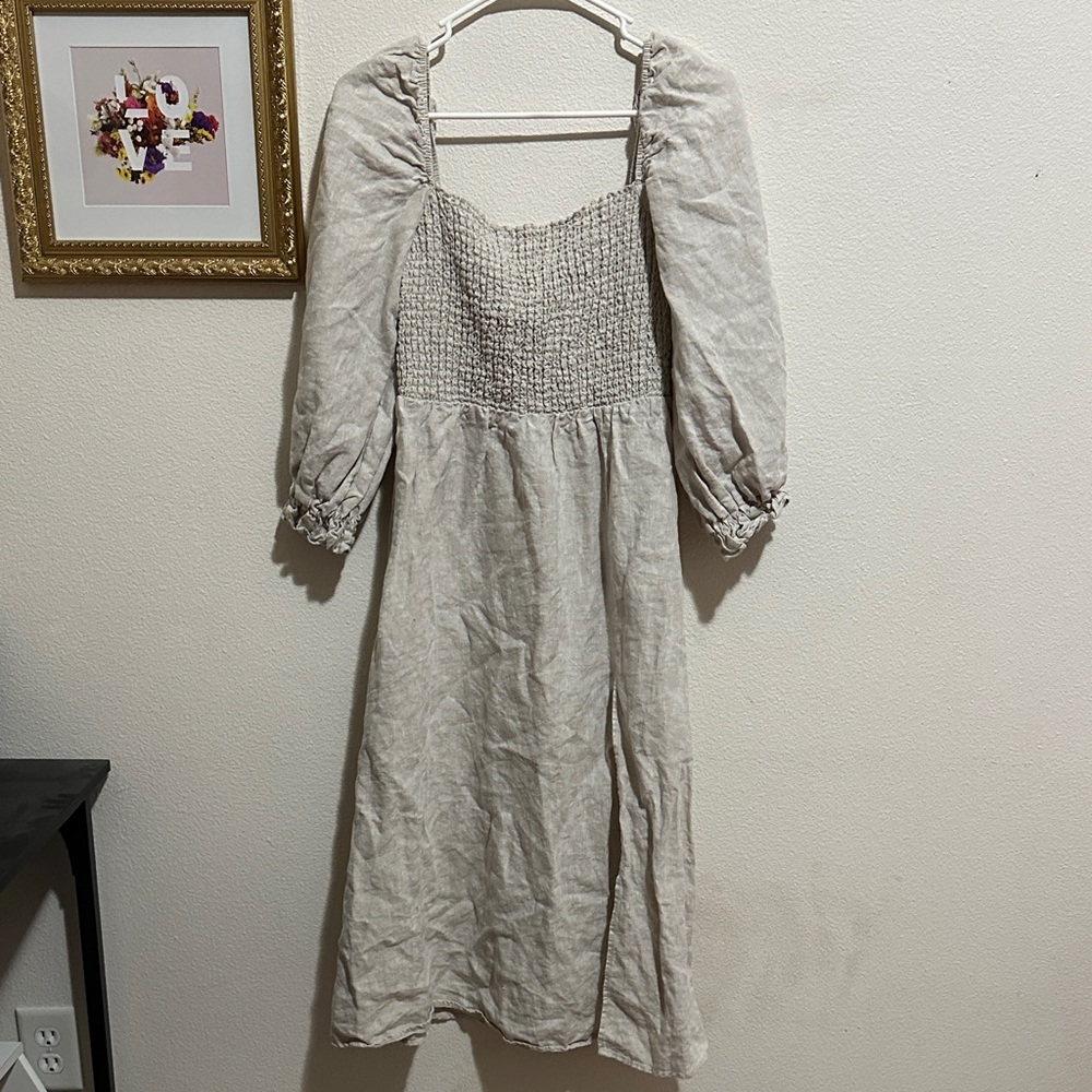 Reformation Beige Smocked Linen Midi Dress with Puff Sleeves